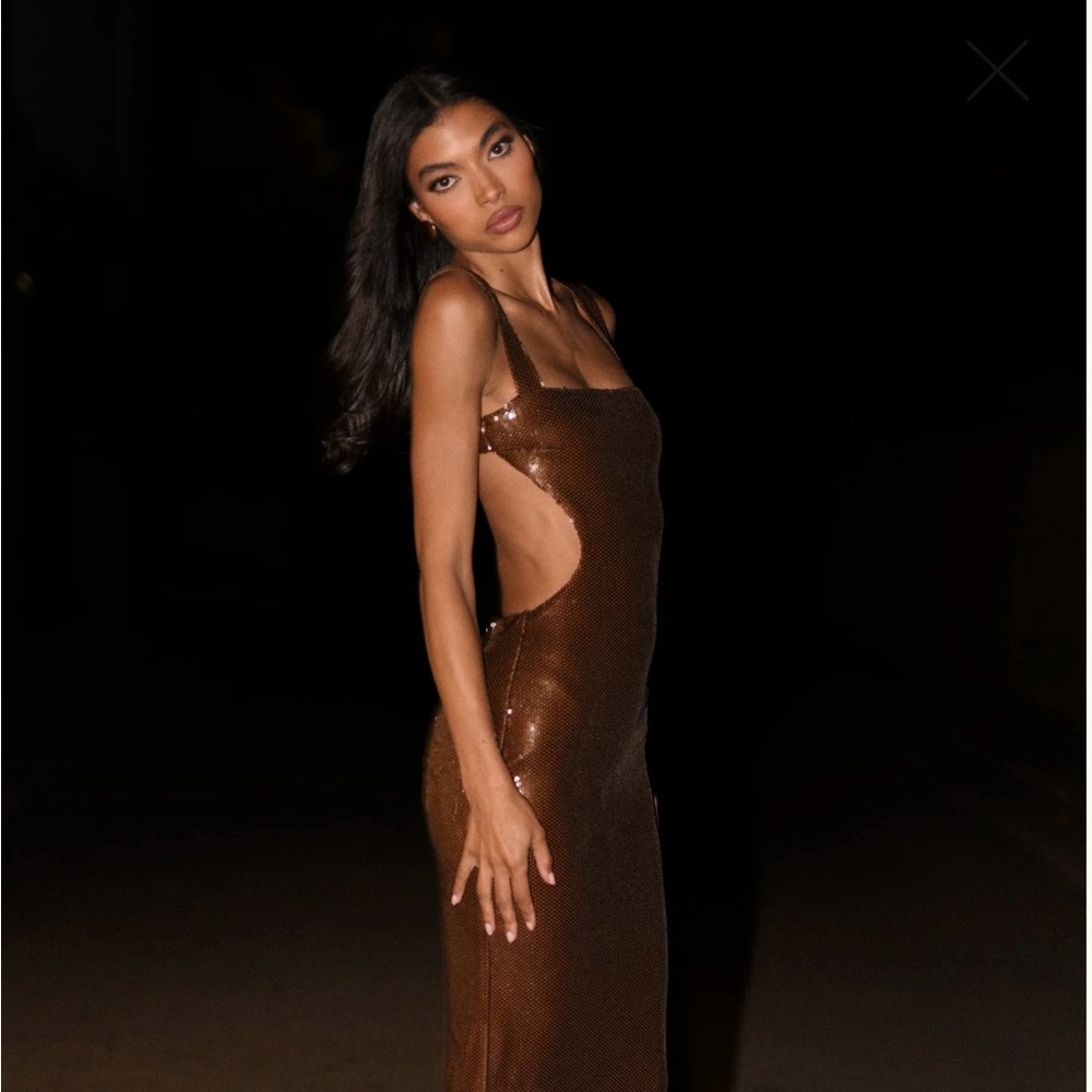Brown Sequin Midi Dress from Meshki